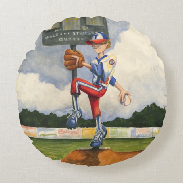 Baseball Pitcher auf dem Berg von Jay Throckmorton Rundes Kissen (Vorderseite)
