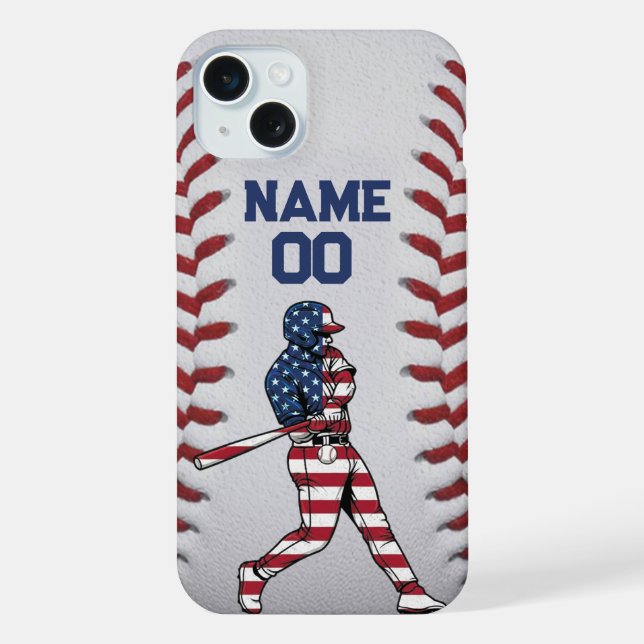 Baseball player Batter with Customizable Number iPhone 15 Plus Hülle (Rückseite)