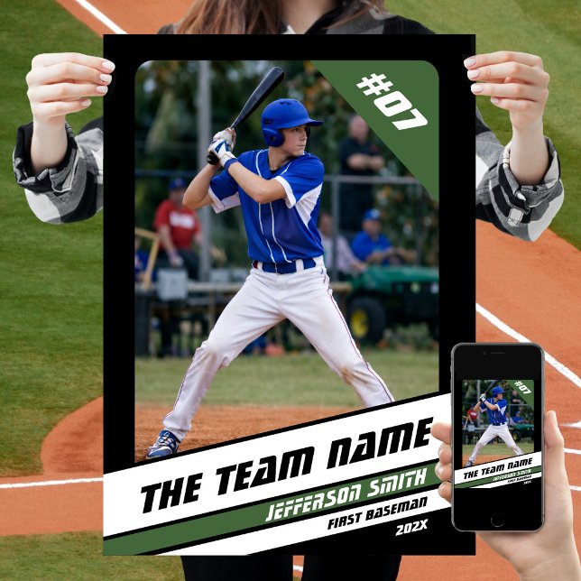 Baseball Player Benutzerdefiniertes Geschenk Schwa Poster (Baseball Player Poster in Black with Custom Team Name and White Green Stripes)