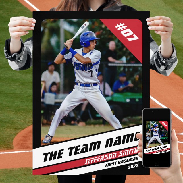 Baseball Player Benutzerdefiniertes Geschenk Schwa Poster (Baseball Player Poster in Black with Custom Team Name and White Red Stripes)