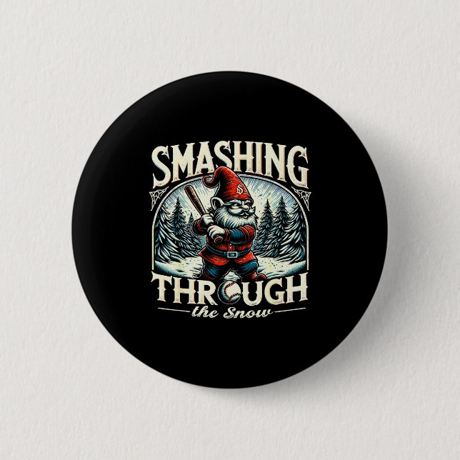 Baseball Player Christmas Gnome, Smashing Through  Button (Vorderseite)