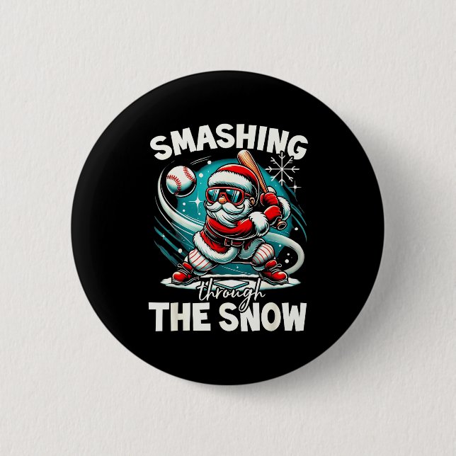 Baseball Player Christmas Santa, Smashing Through  Button (Vorderseite)