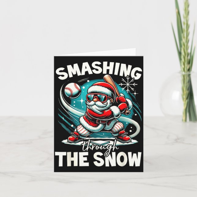 Baseball Player Christmas Santa, Smashing Through  Karte (Vorderseite)