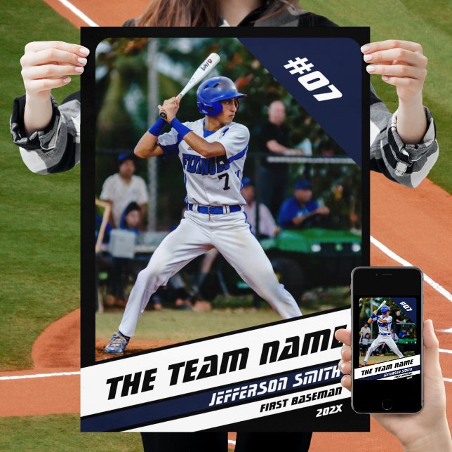 Baseball Player Custom Gift Schwarz-weiß Blue Poster (Baseball Player Poster in Black with Custom Team Name and White Blue Stripes)