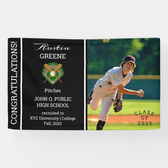 Baseball Player Foto Black Abschluss Banner (Horizontal)