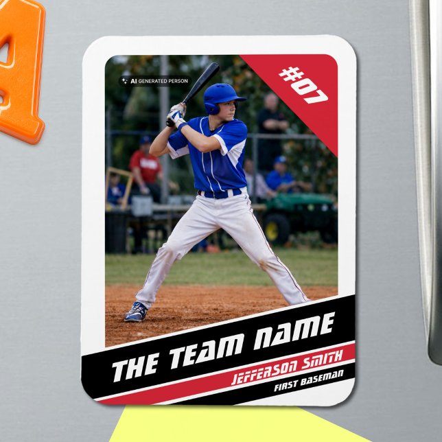 Baseball-Player, individuell einstellbar, weiß rot Magnet (Baseball Player Magnet in White with Custom Team Name and White Red Stripes)