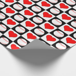 Baseball Player Red Heart Schachbrett Pattern Geschenkpapier