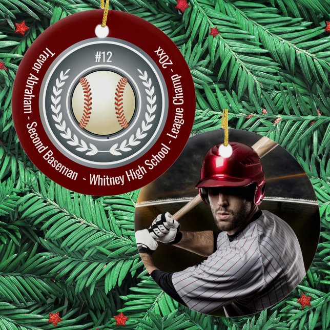 Baseball Player School Silver Gray Red Photo Keramik Ornament (Personalized baseball ornament featuring team colors, photo, name, number, and school details.)