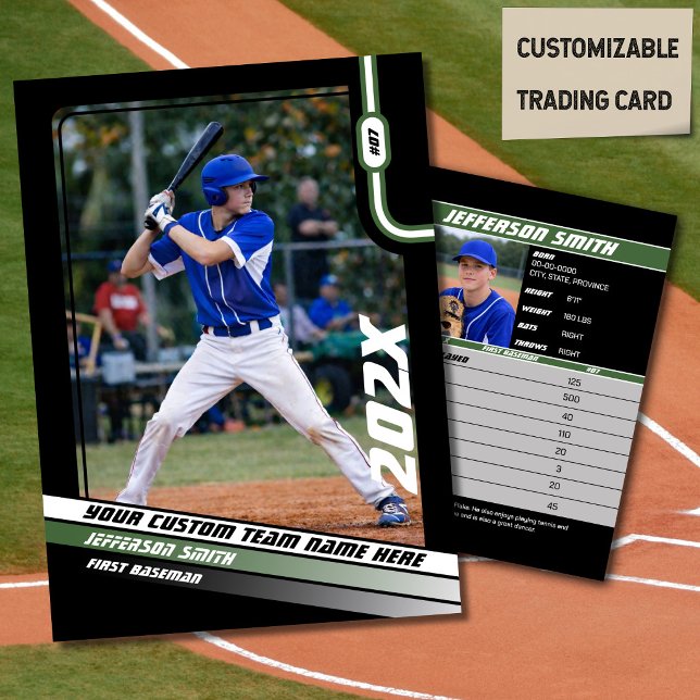 Baseball Player Trading Card Custom Green Gift Telefonnummerkarte (Baseball Player Trading Card in Black with Custom Team Name and Green White Elements)