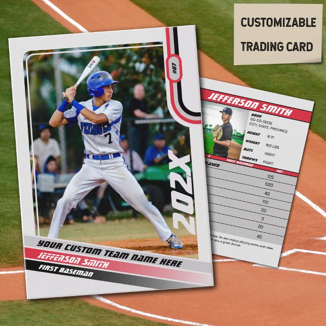 Baseball Player Trading Card Custom Red Gray Telefonnummerkarte (Baseball Player Trading Card in Light Grey with Custom Team Name and Red and Black Elements)