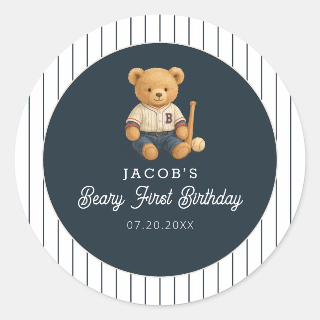 Baseball Preppy Bear 1. Geburtstag Runder Aufkleber (Vorderseite)