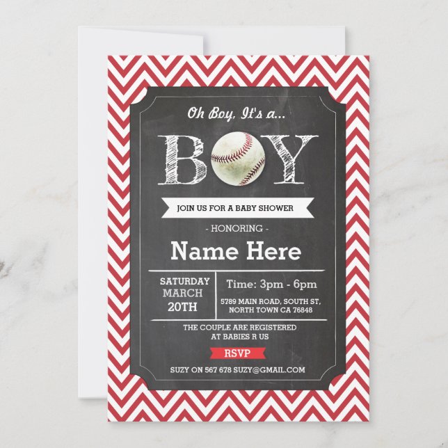 Baseball Red Boy Baby Dusche Zickzack einladen Einladung (Vorderseite)