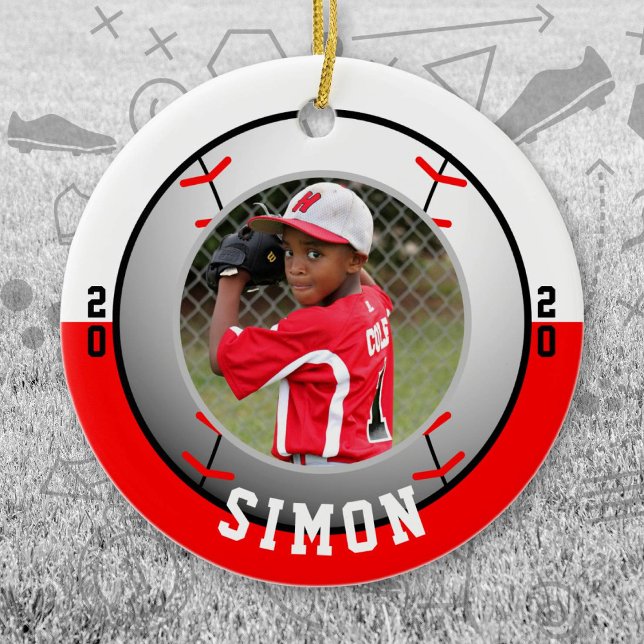 Baseball Red White Team Colors Keramik Ornament (Red and White Baseball Let's Go Team Ornament. Celebrate your high school or college athlete.)