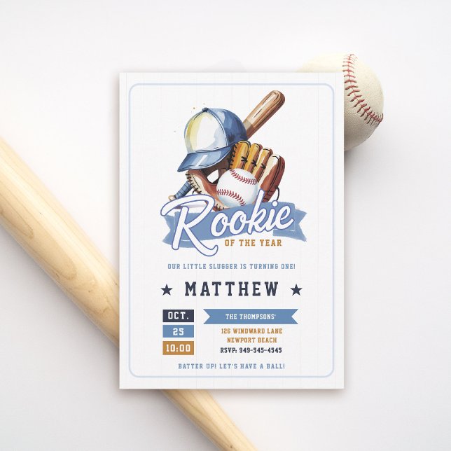 Baseball Rookie Ball Bat Cap Blue Boy 1. Geburtsta Einladung (rookie of the year 1st birthday invite boy baseball theme sports all star milestone blue tan brown)