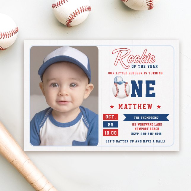 Baseball Rookie Cap Stripes Foto Junge 1. Geburtst Einladung (rookie of the year 1st birthday invite boy baseball theme sports all star red blue stripes photo)