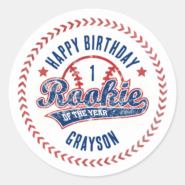 Baseball Rookie of the Year 1st Birthday Party Runder Aufkleber (Vorderseite)