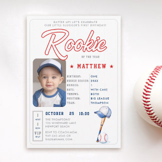 Baseball Rookie Stats Niedliches Foto Junge 1. Geb Einladung