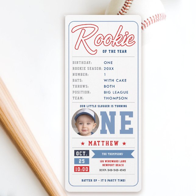 Baseball Rookie Ticket Stats Blue Boy 1. Geburtsta Einladung (baseball 1st birthday invite boy little slugger rookie of the year player stats ticket fun template)
