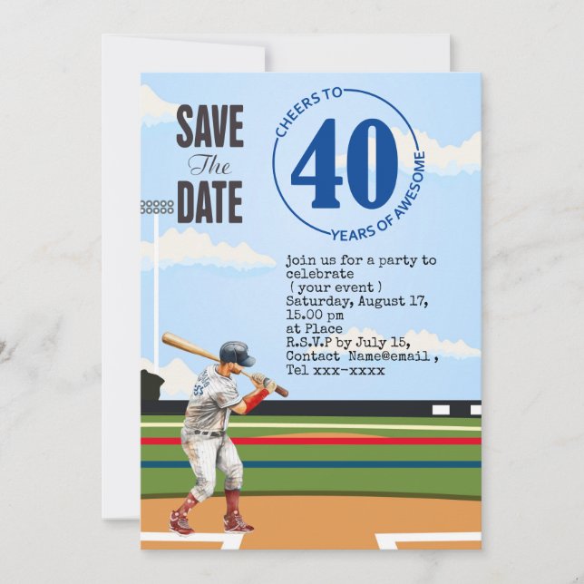 Baseball Save the Date 40. Geburtstag Party Einladung (Vorderseite)