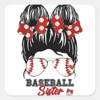 Baseball-Schwester, stolze Schwester, Messy Bun Ba Quadratischer Aufkleber