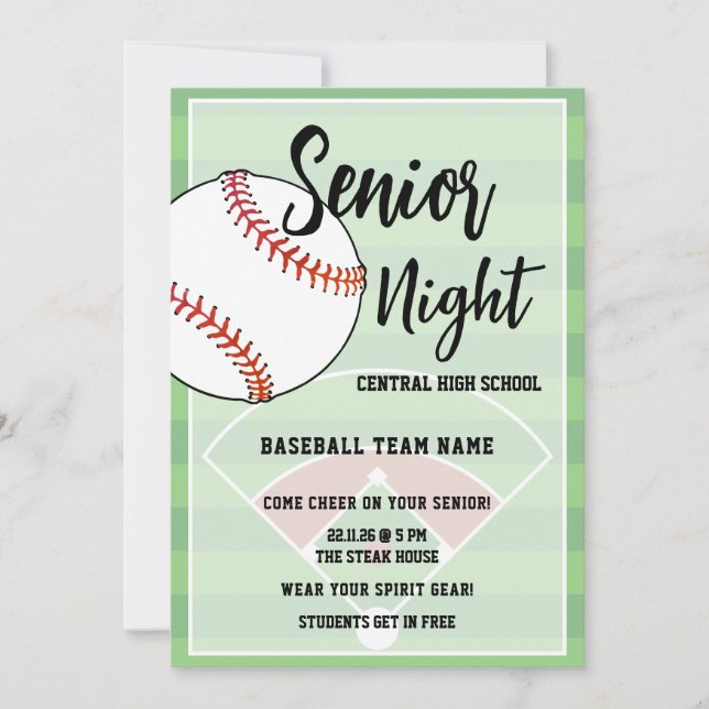 Baseball Senior Night High School Party Einladung (Vorderseite)