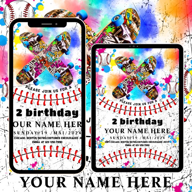 Baseball Skateboard Graffiti buntes Party Einladung (Von Creator hochgeladen)