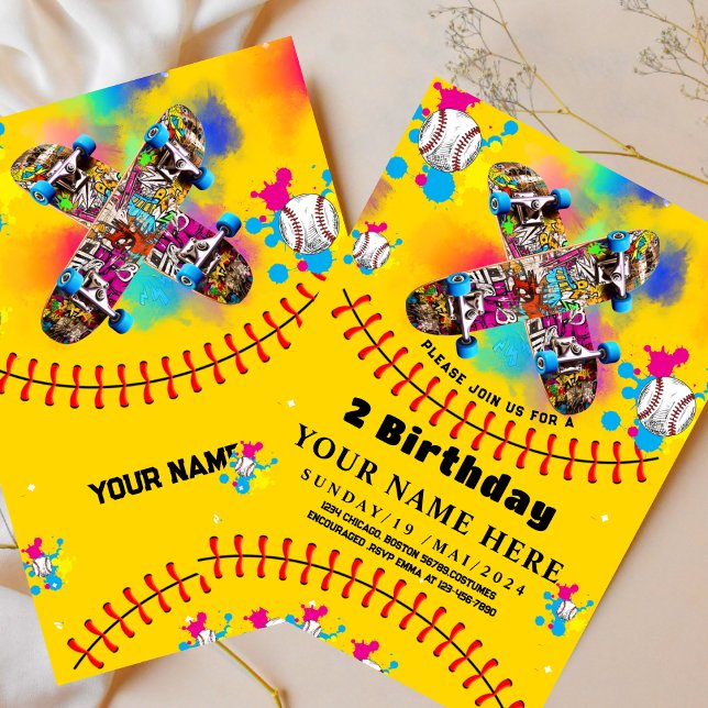Baseball Skateboard Graffiti farbiges Party gelb Einladung (Von Creator hochgeladen)