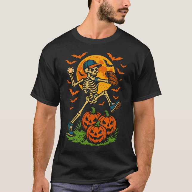Baseball Skeleton Halloween Men Boys Baseball T-Shirt (Vorderseite)
