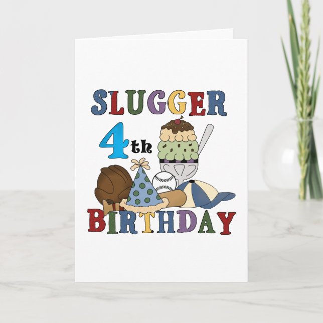 Baseball Slugger 4. Geburtstag Karte (Vorderseite)