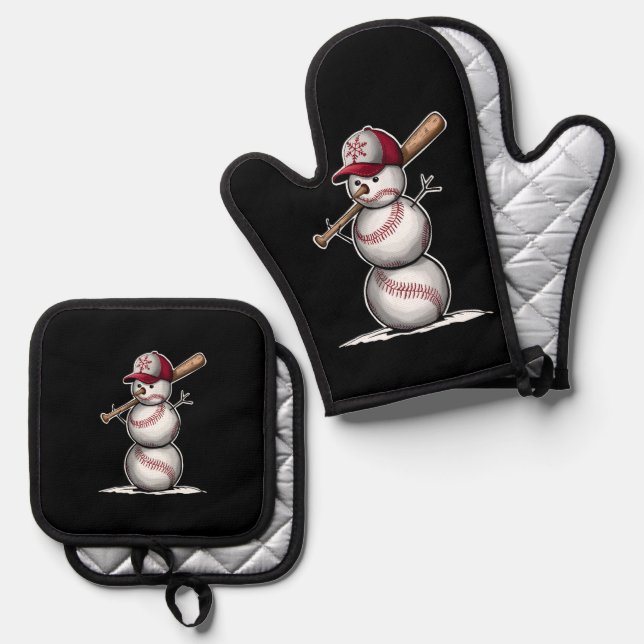 Baseball Snowman Balls Schnee Weihnachten Weihnach Ofenhandschuh & Topflappen-Set (Vorderseite/Rückseite)