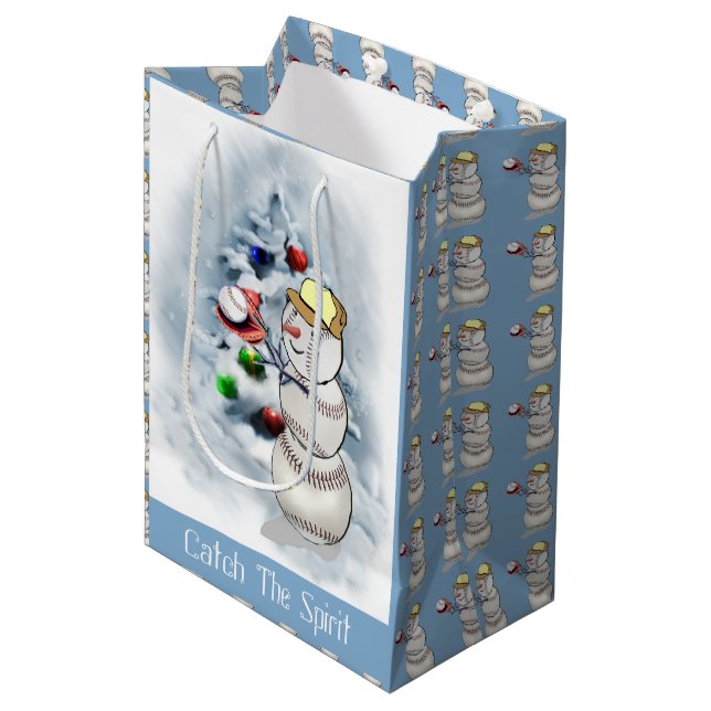 Baseball Snowman Weihnachten Mittlere Geschenktüte (Vorderseite Schrägansicht)