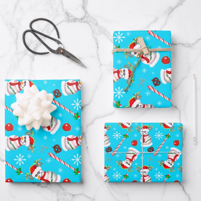 Baseball Snowman Weihnachtsfeier Muster Geschenkpapier Set (Vorderseite)