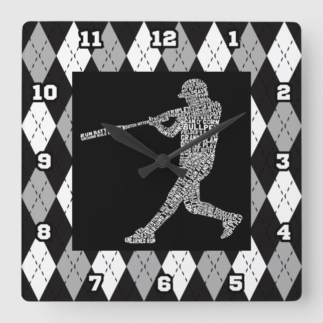 Baseball Softball Player Typographic Wall Clock Quadratische Wanduhr (Vorderseite)