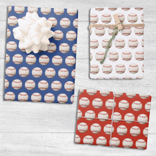 Baseball Softball Sport Muster Rot Weiß & Blau Geschenkpapier Set