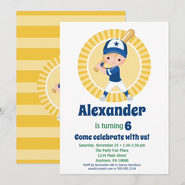 Baseball-Spieler - Blonde Boys zum Geburtstag Einladung (Vorne/Hinten)