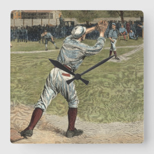 Baseball-Spieler heraus geworfen an der zweiten Quadratische Wanduhr