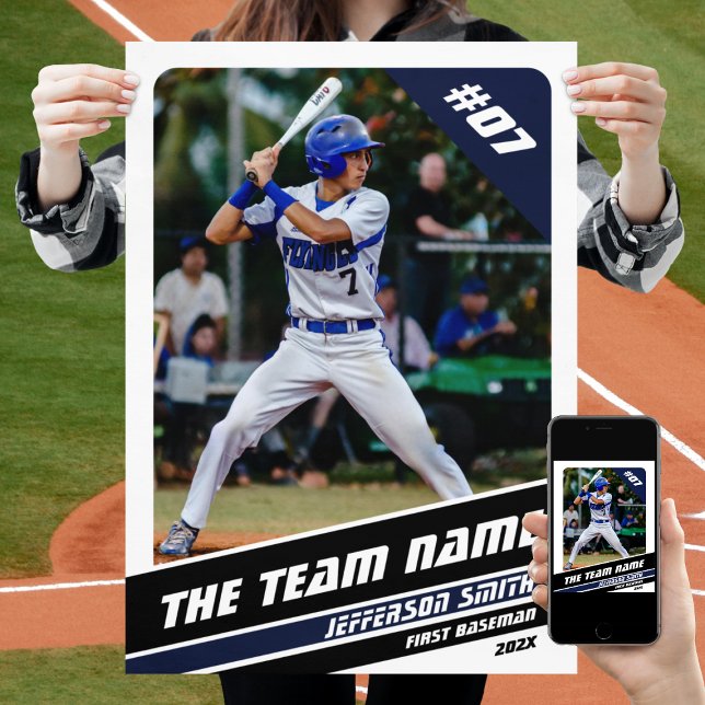 Baseball-Spieler individualisierbares Geschenk in  Poster (Baseball Player Poster in White with Custom Team Name and Black Blue Stripes)