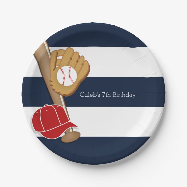 Baseball Sport Blau & Weiß Streifen Custom Party Pappteller (Vorderseite)