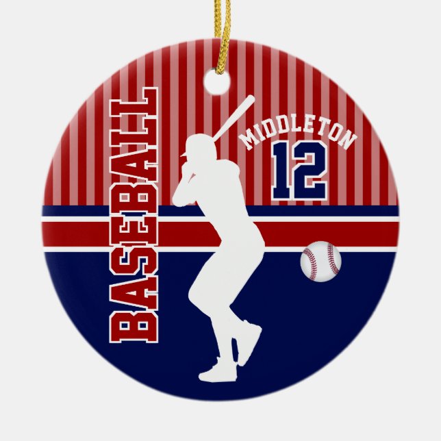 Baseball Sport - Dunkelrot, blau und weiß Keramik Ornament (Vorne)