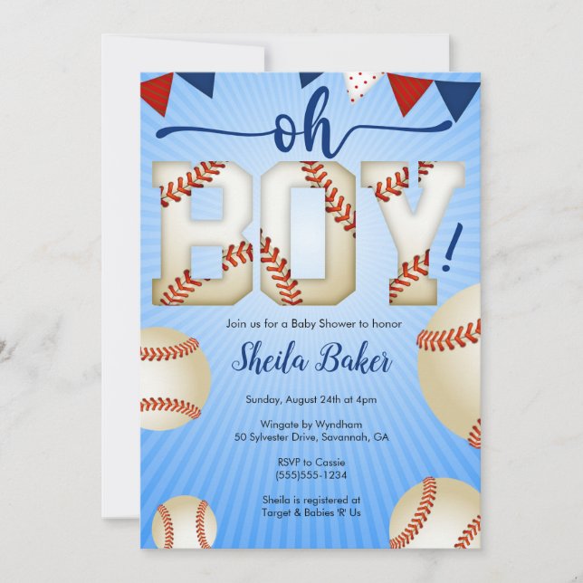 Baseball Sports Baby Shower Einladung - Oh Junge (Vorderseite)