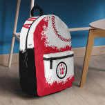 Baseball Sportteam Spieler Jersey Nummer Red Bedruckter Rucksack<br><div class="desc">Spaß Sport-Thema personalisiert Baseball Rucksack. Das Design verfügt über eine Baseballgrafik mit einer anpassbaren Player Jersey Nummer auf der vorderen Hosentasche. Grosses Baseball mit roten Stichen und rotem Namen,  das ganz oben mutig dargestellt wird. Ein personalisiertes Rucksack-Design für Baseballsportler und Baseballspieler. Entwurf des Moodthology Papers</div>