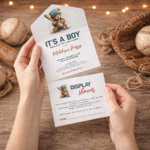 Baseball Teddy Bär Junge QR Anzeige  Baby Shower All In One Einladung