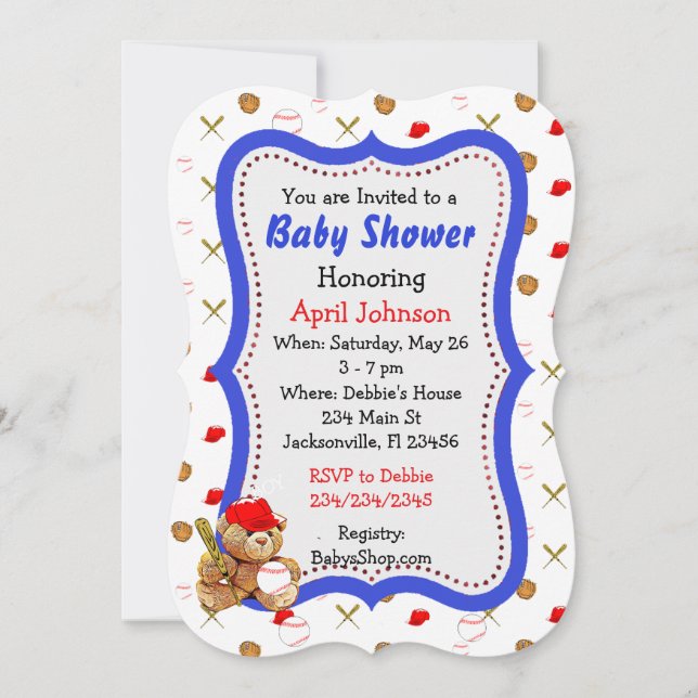 Baseball Teddy Bear Baby Dusche lädt ein Einladung (Vorderseite)
