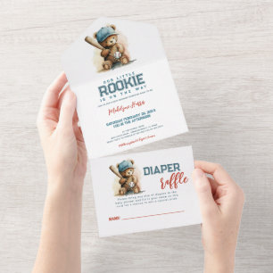 Baseball Teddybär QR RSVP Windel-Raffle All In One Einladung