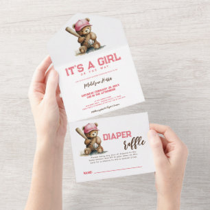 Baseball Teddybär QR RSVP Windel-Raterei All In One Einladung