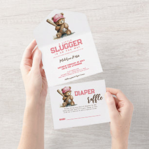 Baseball Teddybär QR RSVP Windel-Raterei All In One Einladung