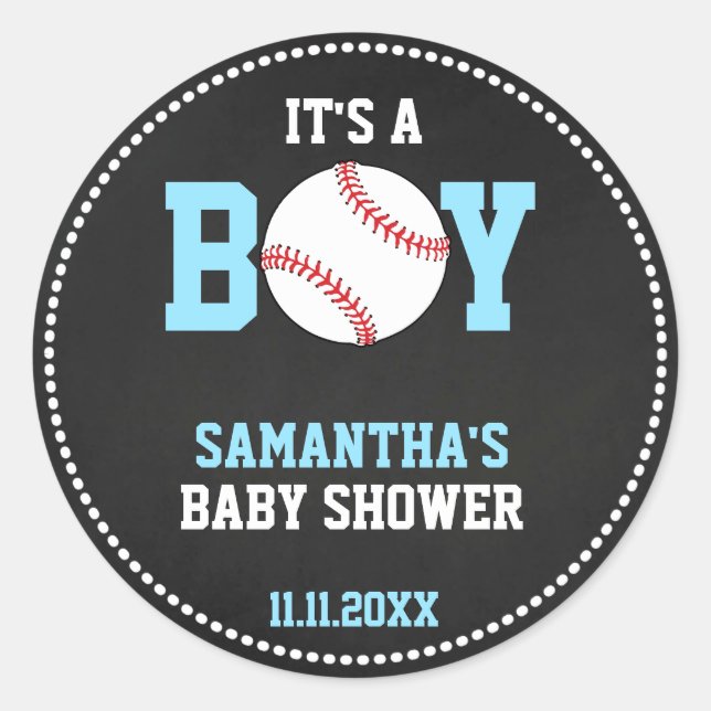 BASEBALL Theme Baby Dusche Chalkboard Blue Boy Runder Aufkleber (Vorderseite)