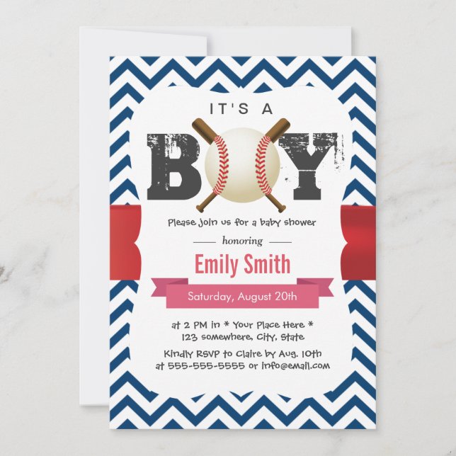 Baseball Theme Blue Zickzack Es ist eine Baby-Dusc Einladung (Vorderseite)
