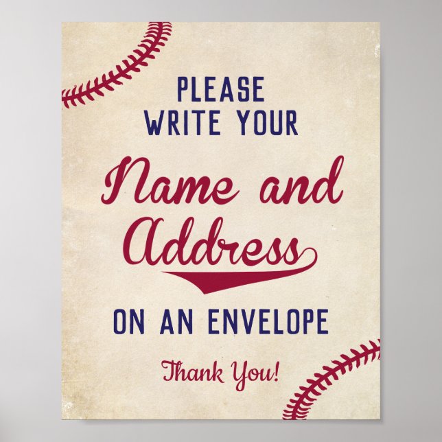 Baseball Theme Schreiben Sie Ihre Namensadresse au Poster (Vorne)
