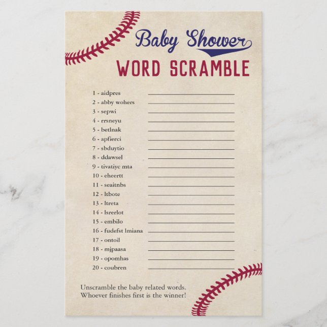 Baseball Themed Baby Dusche Word Scramble Spiel Flyer (Vorne)